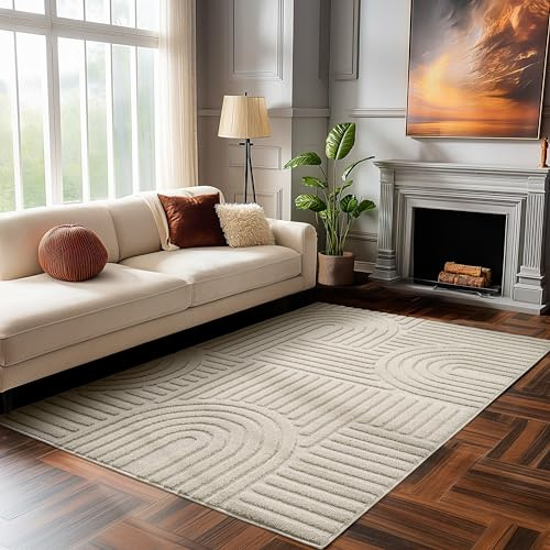HomebyHome Moderner Wohnzimmerteppich im skandinavischen Boho-Stil, Beige, Hoch-Tief-Effekt, dekorativ, pflegeleicht, 120x170 cm
