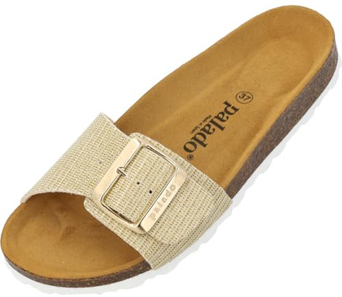 Palado Pantoletten Damen Malta EGS Glitter - elegante Sandalen Made in Spain - bequeme Hausschuhe mit Kork-Fußbett - modische Sommerschuhe Gold UK6 - EU39