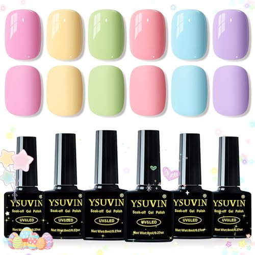 Yueshop Gel Nail Polish Pastel, 6 Colors Spring Summer Iridescent Gel Polish Macaron Candy Pink Purple Blue Green Yellow Soak Off UV LED Nail Polish Nail Art Salon for Women,8ML