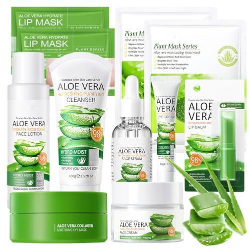 Aloe Vera Gesichtspflege Set 11 Stück mit Cleanser,Creme,Serum,Toner,Maske,Augenpads,Lippenbalsam,Aloe Vera Skincare Set,Aloe Vera Beauty-Geschenksets Für Frauen Mädchen