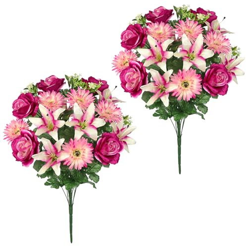 Hollyone Set of 2 Artificial Cemetery Flower for Graves Purple Pink Cemetery Memorial Flowers for Outdoor Grave Decorations Silk Flower Arrangements Rose Lily Gerbera Floral Flowers Bouquets