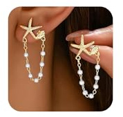 Boucles d'oreilles femme pendantes étoile de mer dorées – Bijoux or chaîne perles style plage été, Boucles d'oreilles coquillage en or élégantes et chics, Bijoux fantaisie pour femmes Cadeaux