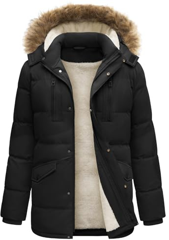 TOMEEK Mens Coat Long Parka Padded Fleece Zip Up Coats Outdoor Windproof Coats Hooded Double Layer Warm Winter Quilted Jacket(Black,XL)