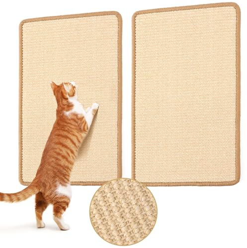 FUKUMARU Griffoirs pour Chats, 60 x 40 cm Tapis de Grattage en Sisal Naturel d'Intérieur, Grattoir Mural Horizontal, Tapis de Sol pour Chaton avec Bande Adhésive, Protecteur de Meubles, Lot de 2
