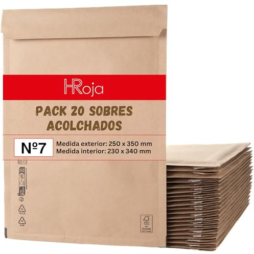 Pack de 20 Sobres Acolchados 250 x 350 mm de Papel Kraft con Burbuja Interior Antigolpes y Antimanipulación para Envíos y Paquetería Resistente y Autoadhesivo Fabricado en Europa | HRoja