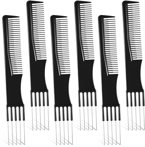 LIQWEI 6 Stück Toupierkamm, Schwarz Stielkamm, Friseur-Stielkamm mit Metallgabel & feinen Zähnen Kammwerkzeug Friseursalon von Frauen Gabelkamm Haarkamm Styling Tool