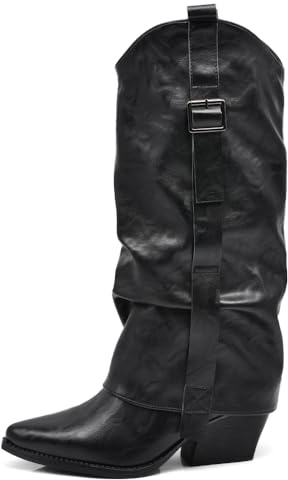 IF Fashion Scarpe Stivali Texani Western Da Donna Con Ghetta Fibbia Slouch 2Y6158-8 nero N.37