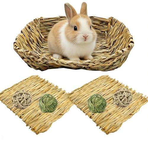 Hamiledyi Rabbit Grass Bed Natural Handmade Hay Mat Chew Balls for Drawf Rabbit Bunny Chinchilla Guinea Pig Ferret Hedgehog Rat