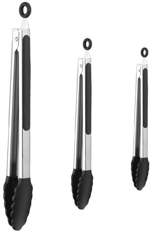 3 Piezas Pinzas Cocina Silicona,18/23/30,5CM, Pinza de Cocina Resistentes, Pinzas de Cocina de Acero Inoxidable con Puntas de Silicona, Pinza Air Fryer, para Cocina y Barbacoa