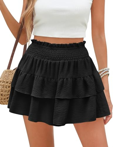PASUDA Pantaloncini Donna Estivi Elastica a Vita Alta Eleganti Casual Lavoro Pantaloni Corti con A-Line Volant Gonna Skater Spiaggia (Nero, L)