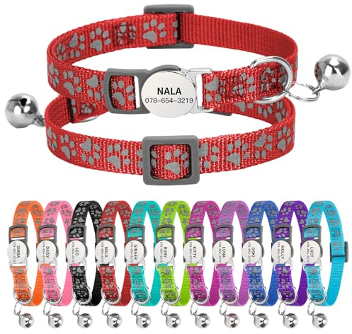 Personligt reflekterande katthalsband med namnetikett, snabbfrigörande kattunge-halsband med klocksäkerhetsspänne, justerbar nylon katthalsband för katter kattungar UK Prime (19–30 cm, röd tass)