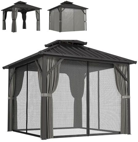 Outsunny Pabellón 3x3m con techo rígido de acero galvanizado, protección UPF50+, marco de aluminio, cortinas y mosquitero, gancho de techo, gris oscuro