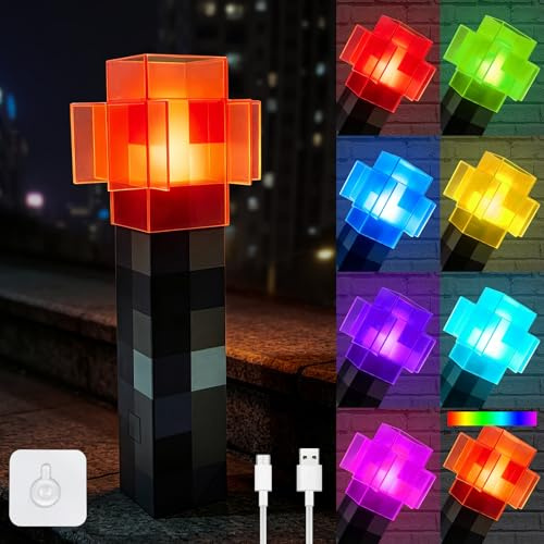 Light-up Wall Torch Light, USB Night Lamp with 7 Colours for Kids Boys Gift | Hand Held or Wall Mount Light, Redstone Torch, USB Rechargeable, Kids Gift Bedroom Decor