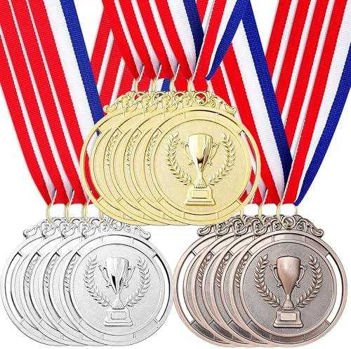 Santme 12 Pezzi Medaglie Premiazioni Metallo, Medaglia Oro Argento Bronzo con Nastro Collo Vincitore di Medaglie per Bambini Giochi Feste di Giorno la Giornata dello Sport 5.0cm