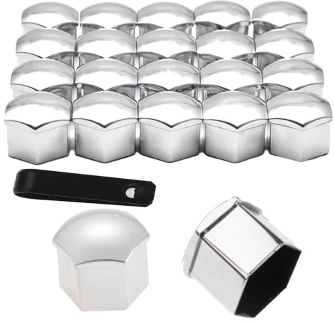 YUZHEDM 20 Pièces Cache Ecrou Cache Écrou 17 mm Cache Boulon Cache Boulon | avec Ensemble D'outils de Démontage Convient à la Plupart des Roues de Voiture Universelles Argent
