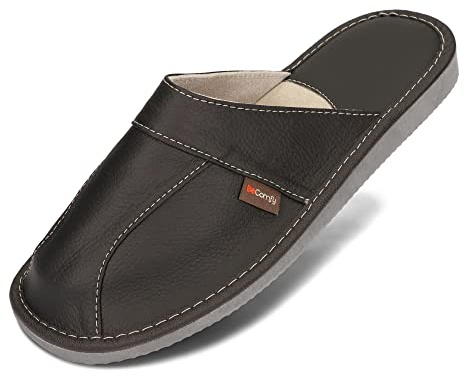 BeComfy Pantuflas para hombre de piel, suela EVA, plantilla perfilada de piel natural, cómodas, color marrón, negro, gris, talla 40-46 EU