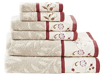 Madison Park Serene 100% Cotton Bath Towel Set Luxurious Floral Decorative Towels for Bathroom Embroidered Cotton Jacquard Design Soft Highly Absorbent for Shower 600 GSM, Multi-Sizes, Red 6 Piece