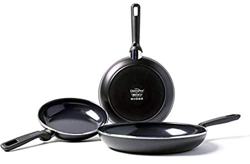 GreenPan Memphis Healthy Ceramic Non-Stick 20 cm, 24 cm and 28 cm Frying Pan Set, PFAS Free,Induction, Oven Safe, Black
