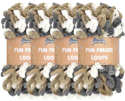 JubileeGarn med roliga fingerslingor – polyester jumbo viktögla – 100 g/skein – brun grå vit – 4 nystan