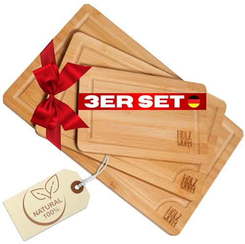 Holzwurm Schneidebrett Holz 3er Set - Holzschneidebrett mit tiefen Saftrillen- Frühstücksbrettchen Holz klingenschonend und einfach zu reinigen