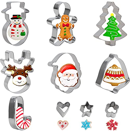 VEYLIN Christmas Cookie Cutters, 10 Piece Biscuit Cookie Cutter - Gingerbread Man,Snowman,Christmas Tree,Santa Reindeer,Stainless Xmas Cookie Cutter