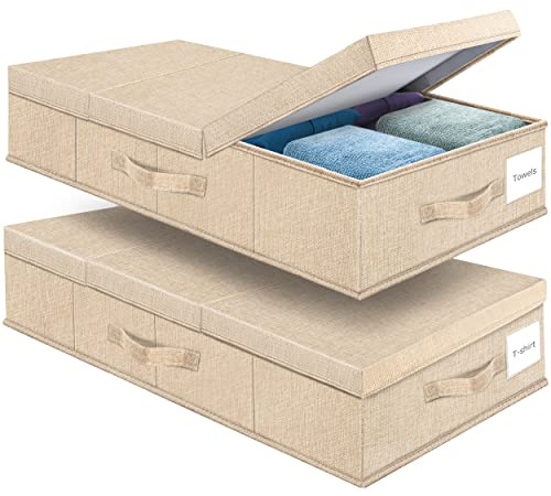 Supowin Underbed Storage Containers Bin with Lids (Set of 2) Large Under Bed Storage Organizer Box with Handle, Foldable Under the Storage Bags for Organizing Clothes, Shoes, Blankets, Pillows-Khaki