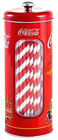 The Tin Box Company Coke Straw Holder Tin with 20 Paper Straws Inside, 3-3/8 x 8-1/4H, Red and White (771517-12) - Good for 8 Straws or Less