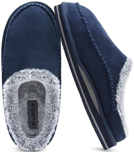 KuaiLu Zapatillas de soporte de arco para hombre Cómodo Interior Puntadas Hecho a mano MicrogamuzaZapatos de casa Ponerse Cálido Piel sintética Caucho Exterior Azul Tamaño 46