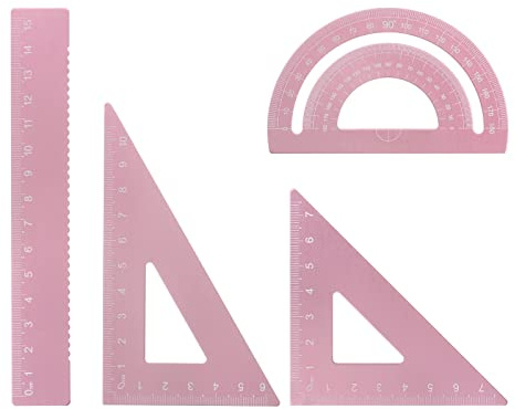 sourcing map 4Stk Geometrie Set 15cm Metrische Maßnahme Lasergravur Aluminum Lineal Metall Lineal Set Dreieck Winkelmesser Lineal Werkzeug Set für Klassenzimmer Büro Hause Rosa