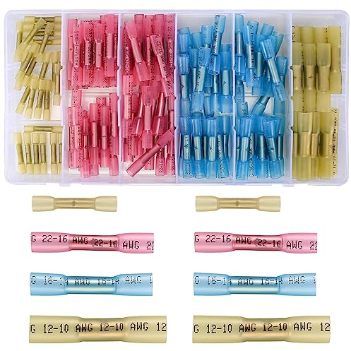 KOXXIAMOQ 130 pièces 12-26 AWG Connecteurs Sertissables Rétractables, Set de Raccords de Câbles Étanches, Connecteurs à Bout, Bornes À Souder Assortiment Set - Jaune, Rose, Bleu