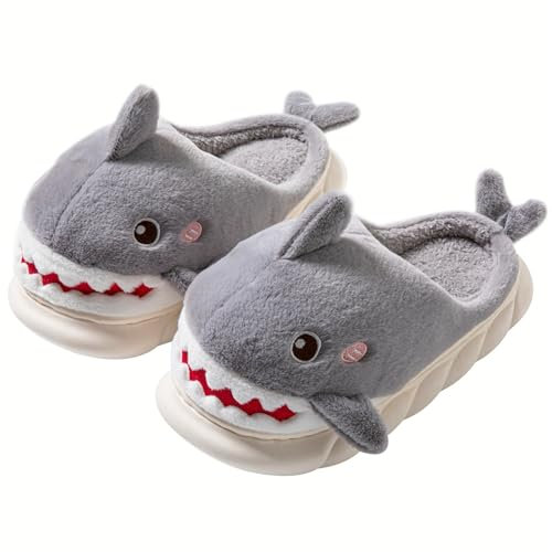 LANFIRE Zapatillas animales mujeres lindo tiburón zapatillas de invierno relleno de algodón zapatillas de casa (Grey white, 40)