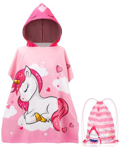 QKURT Kids Beach Towels, Unicorn Children's Beach Bath Poncho Towel Swimming Towel Pool Warm Wrap With Portable Drawstring Bag for Girls
