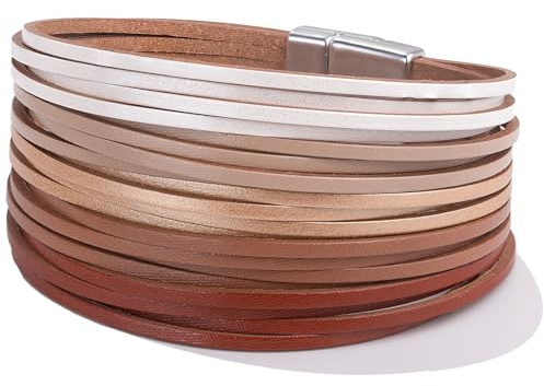 FANCY SHINY Boho Leather Wrap Bracelets Stackable Layered Cuff Bracelet Trendy Bohemian Jewelry for Women(White/Burgundy)