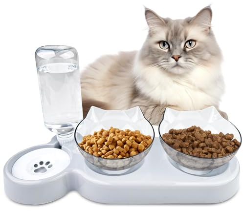 Ceisazira 3 in 1 Futternapf Katze Erhöht, 15 ° Kippbare Fressnapf Katze, Katzen Napfset mit Wasserfontänen, Erhöhter Katzennäpfe, Katzenschüssel, Katzenfressnapf, Katzenfutter Napf, Cat Bowl (Grau)