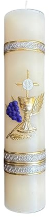 San Rafael Arcangel First Communion Candle with The Symbols of Wheat and Wine Vela de Primera Comunion con Los Simbolos Catolicos de Jesus y su Cuerpo y Sangre 8 inch