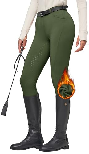 WILLIT Pantalones de equitación para mujer invierno forrados con fleece, leggings de silicona con ribete completo, pantalones térmicos de equitación con bolsillos y presillas para cinturón, Verde