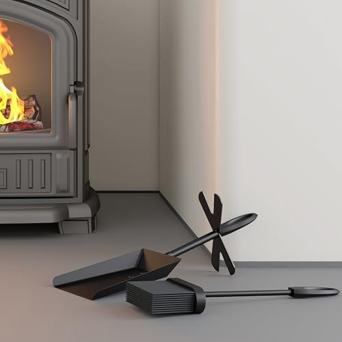 Kingson Set con pala e spazzola per camino, colore nero, 38 x 12,5 x 12 cm, accessori per caminetto, elegante set di accessori per la manutenzione del camino