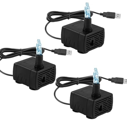 GERUI Lot de 3 mini pompes à eau submersibles USB 180 L/H, réglables et ultra silencieuses pour réservoir de poissons, étang, fontaine pour animaux de compagnie, hydroponique