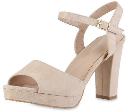 VAN HILL Damen Riemchensandaletten Blockabsatz Plateau Vorne Trendy Schuhe 216841 Beige Plateau 39