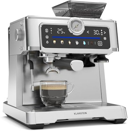 Klarstein GrandPresso Touch Machine à café en grain – 20 Bars, 1350 W, Écran tactile, Broyeur intégré, Réservoir 2,3 L, Acier inoxydable, Mousseur à lait, Système Thermoblock