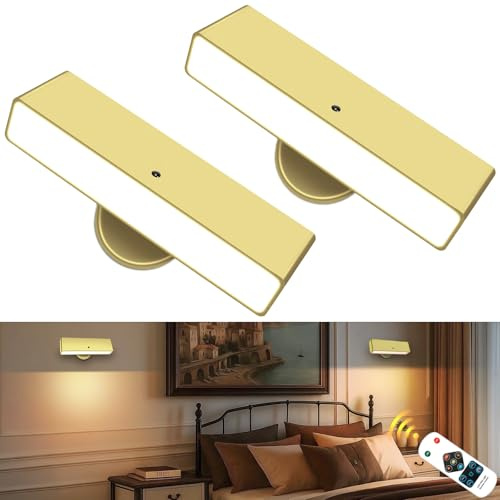 Toowell Battery Wall Lights Indoor Wireless Wall Sconces Set of 2,Magnetic Wall Lights Stick On Wall Light LED Rechargeable Cordless Wall Light for Reading Decorating Smbient Lighting,Gold