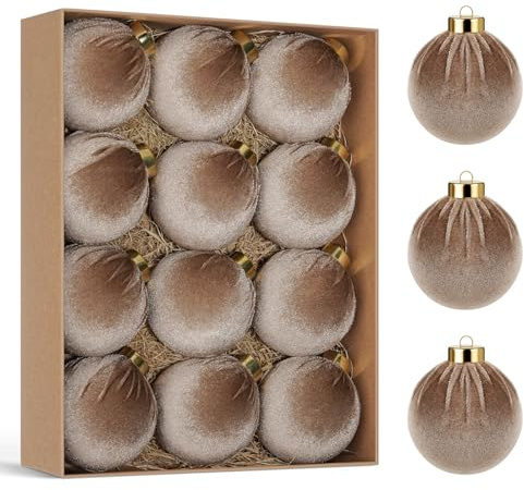 Miaikoe Velours Arbre de Noël Suspendu Ornaments Boules, 12 PCS Plastique Noël Suspendu Boules pour la décoration Hiver Vacances décor 8CM Khaki