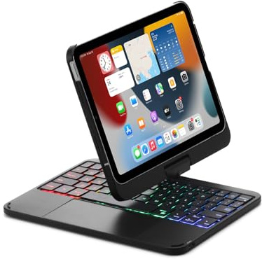 Tangentbordsfodral för iPad Mini 7 (2024) & Mini 6 (2021) 8.3, 360° Roterbart, Bakgrundsbelyst Tangentbord I 7 Färger med Styrplatta & Pennhållare,Black