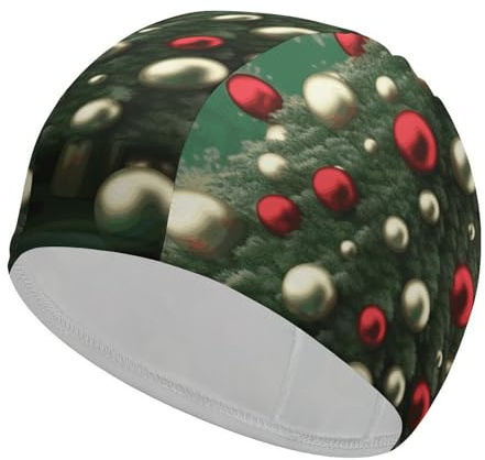 Gorro de baño para Mujer y Hombre, elástico, Redondo, con diseño de árbol de Navidad, para Cabello Largo y Corto.