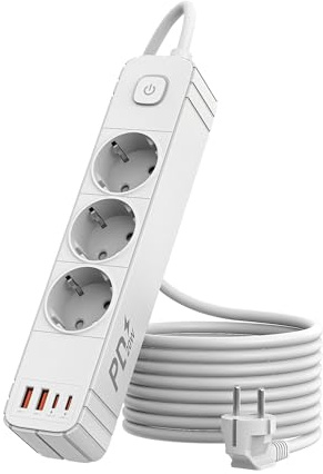 ANRMESUN Grenuttag med USB C PD 20 W 3-vägs uttag med överspänningsskydd flera uttag 4 USB (2 USB-C), grenuttag med strömbrytare och 1,9 m kabel (3-faldig-vit