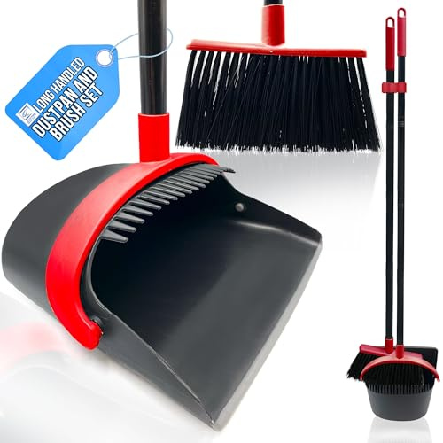 Long Handled Dustpan and Brush Set with Built In Brush Cleaner - Indoor Broom and Dustpan Set for Floor Cleaning Tall Dust Pan and Brush - Indoor Dustpan and Brush Sets (Black and Red)