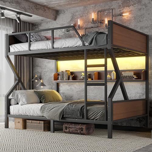 Queen over Queen Bunk Bed with Storage Shelves, Metal Bunk Beds with Ladders and LED Lights, Heavy-duty Bunkbed for Bedrooms, Guest Rooms and Dorms, No Box Spring Needed and Noise-free Design, Black