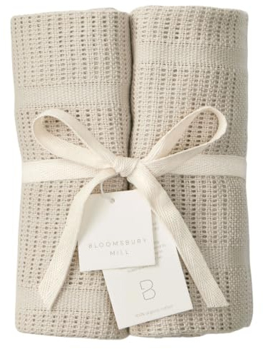 Bloomsbury Mill - Cellular Blankets Baby - 100% Organic Cotton - 2 Pack - Oat - Beige - Newborn Essentials - Soft Breathable Baby Blankets for Pram, Cot, Moses Basket - 75x95cm