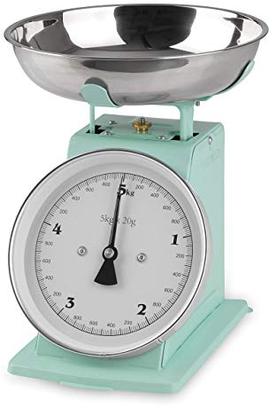 GOURMETmaxx Küchenwaage in Retro-Design | Edelstahl-Waagschale mit exakten Messergebnissen und Tara-Funktion | Ohne Batterien | Bis zu 5kg [Mint]