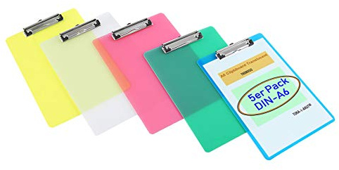 5 Pièces Porte-bloc A6 avec Pince, Transparent Plastique Clip planches pour papier d'écriture Memo des dossiers, Planchettes à pince Idéal pour le Travail Quotidien, lot de 5 en 5 couleurs, TKD8050